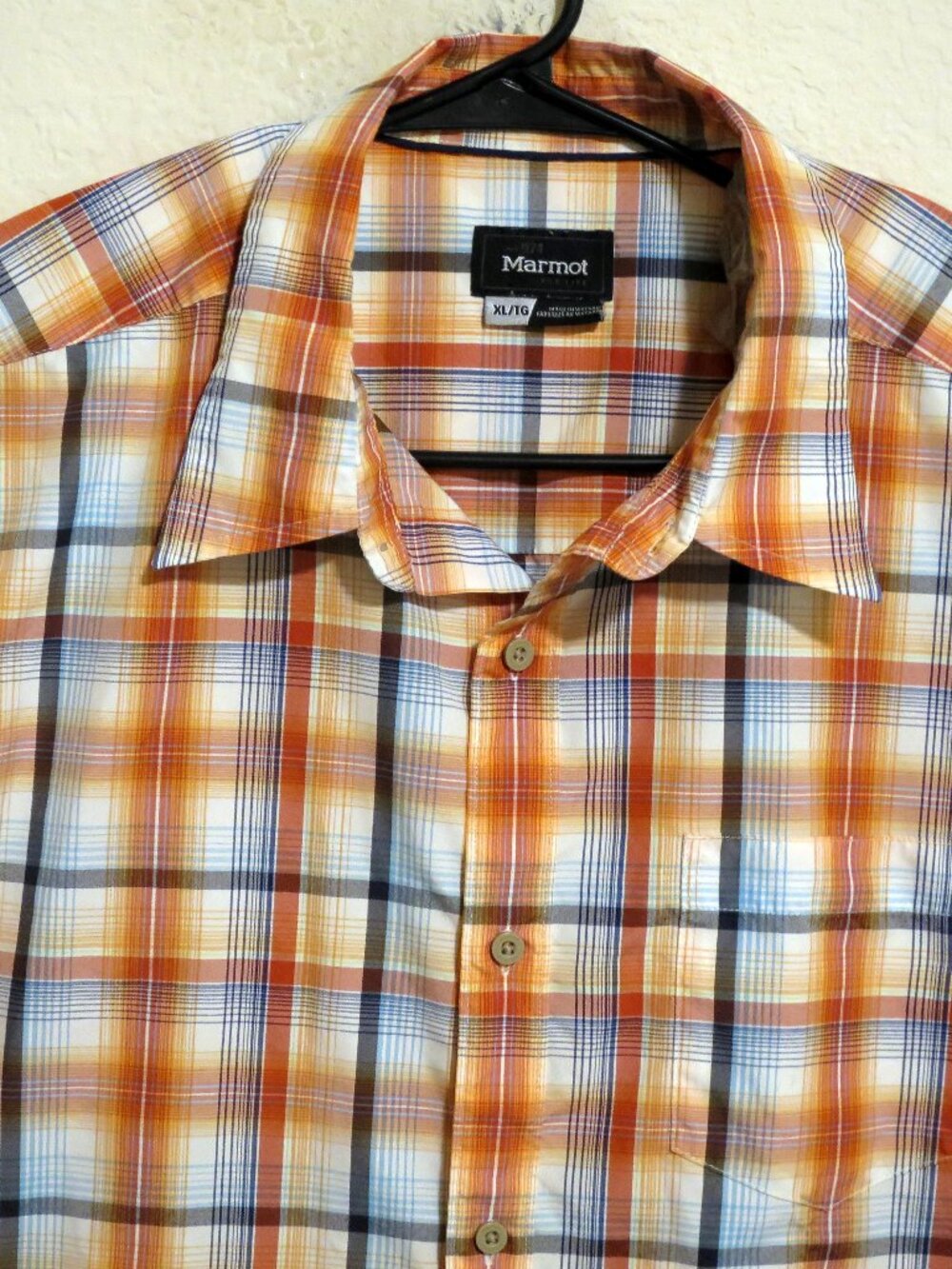 Marmot Shirt Mens XL Short Sleeve Button Orange Black Blue White Striped